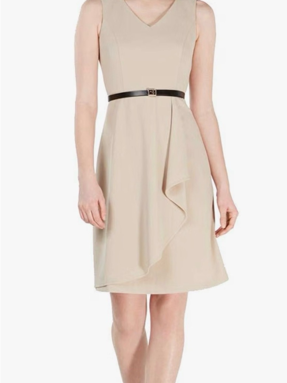 Calvin Klein Sleeveless V-Neck Midi Dress in Beige with Black Belt